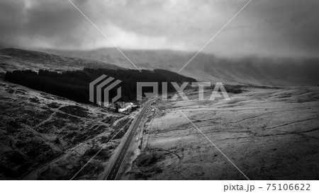 Awesome landscape of Brecon Beacons National Park in Wales - aerial view in black and white 75106622