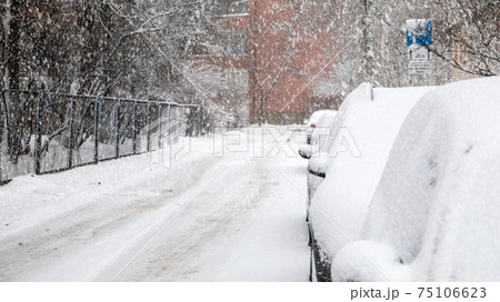 Parked cars covered with snow, snow storm. Slippery and dangerous Parked cars covered with snow, snow storm. Slippery and dangerous 75106623
