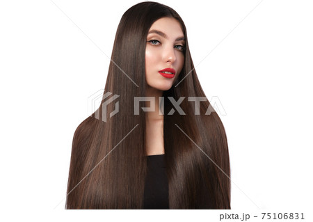 Beautiful brown-haired girl with a perfectly smooth hair, and classic make-up. Beauty face and hair. Beautiful brown-haired girl with a perfectly smooth hair, and classic make-up. Beauty face and hair. 75106831