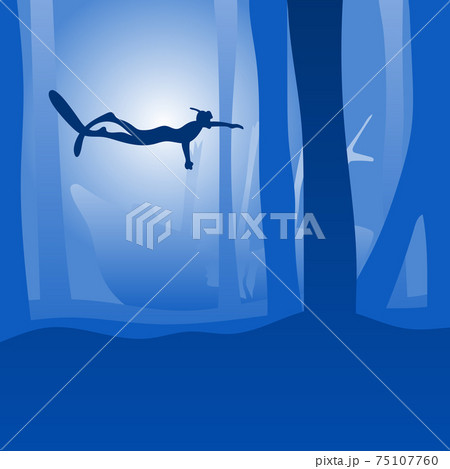 man freediver glides with fins underwater with ship wreck underwater deep sea bottom in blue shade gradient background illustration vector. man freediver glides with fins underwater with ship wreck underwater deep sea bottom in blue shade gradient background illustration vector. 75107760