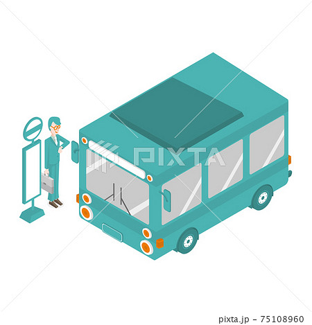 バス停でバスを待つ会社員のアイソメのイラスト素材