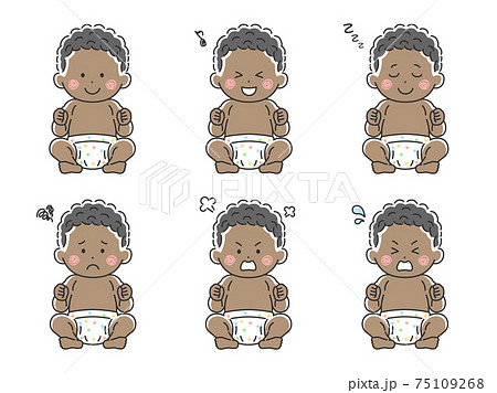 お座りをする黒人の赤ちゃんのイラストセットのイラスト素材