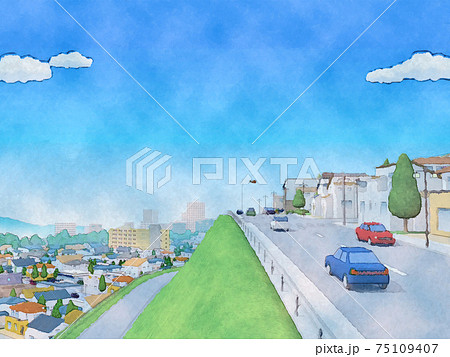 住宅街　水彩画風　手描き風イラスト 高台から 75109407