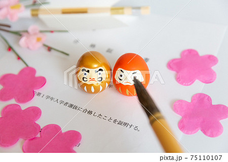 入試の合格証書とダルマ、合格祈願の破魔矢、桜の花びら 入試の合格証書とダルマ、合格祈願の破魔矢、桜の花びら 75110107