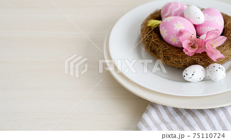 easter lunch holiday table painted eggs nest plate easter lunch holiday table painted eggs nest plate 75110724