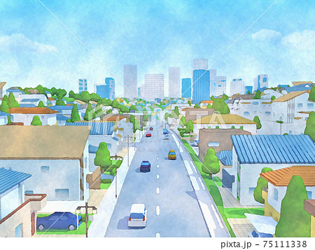 住宅街 都市 水彩画風 手描き風イラストのイラスト素材 [75111338] - PIXTA