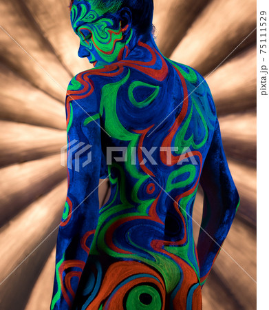 Girl with ultraviolet color pattern bodyart in studio Girl with ultraviolet color pattern bodyart in studio 75111529