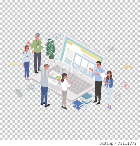 ビジネスイメージ　人々とパソコン　チームワークイラスト　アイソメトリック 75111772