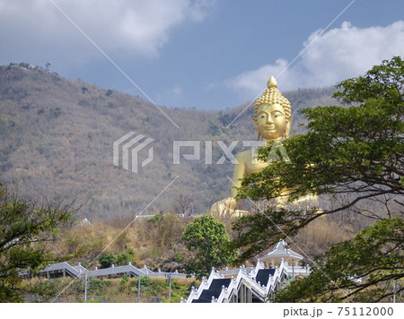 Buddha image in Thai style golden stucco and copy space in the left. 75112000