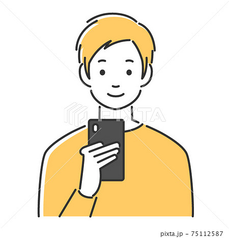 笑顔でスマホを見る若い男性のイラスト素材 笑顔でスマホを見る若い男性のイラスト素材