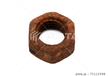 Large old rusty nut close up, isolated on white 75113498