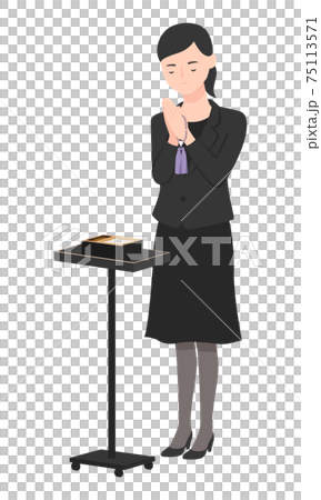 喪服の女性。焼香台の前で手を合わせて女性のイラスト。 75113571