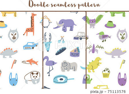 動物と食べ物の落書き模様 シームレス セットのイラスト素材