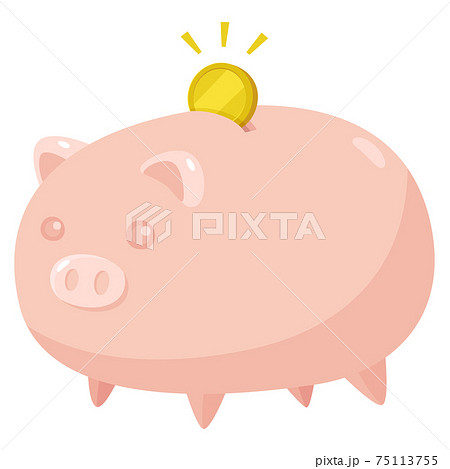 ピンク色の豚型の可愛い貯金箱にコインを入れるイラスト のイラスト素材