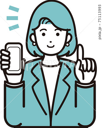 女性 スマホ 携帯電話 ビジネス 店員 会社員 笑顔 スーツ 上半身 手 イラストのイラスト素材