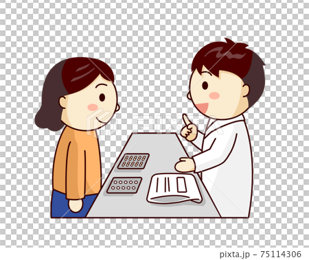 A woman receiving an explanation of the drug from a male pharmacist 75114306