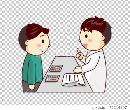 男性薬剤師から薬の説明を受ける男性 75114307