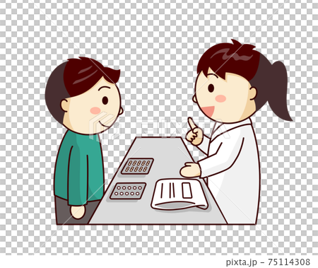 女性薬剤師から薬の説明を受ける男性 75114308