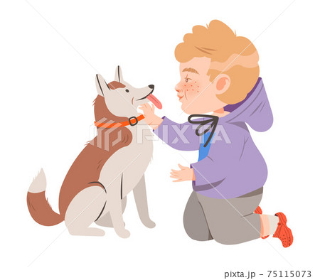 Little Freckled Boy Stroking and Petting His Dog Pet Vector Illustration 75115073