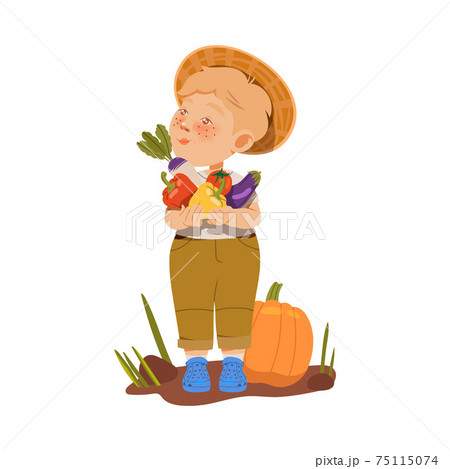Freckled Boy in Straw Hat Holding Ripe Vegetables Harvesting Vector Illustration 75115074