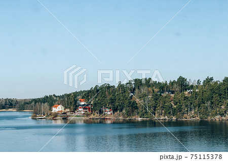 Spring Baltic Sea landscape near Stockholm seacost. Local tourism concept, spring nature, selective focus. Sweden nature, authentic archipelago 75115378