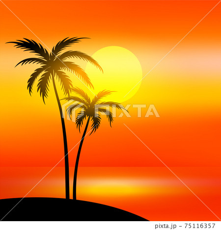 Beach Scene With Sunset And Palm Treeのイラスト素材