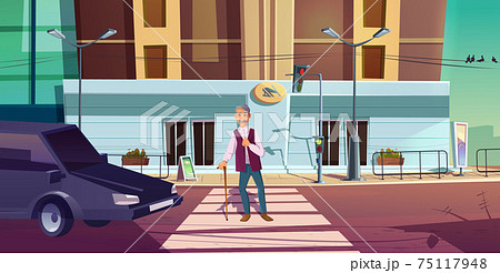 Senior pedestrian cross road zebra with car wait 75117948