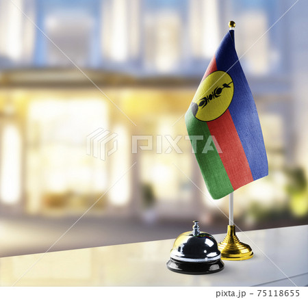 New Caledonia flag on the reception desk in the lobby of the hotel New Caledonia flag on the reception desk in the lobby of the hotel 75118655