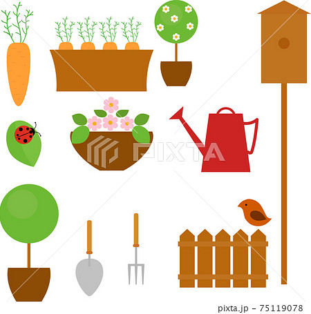 Gardening icon set with carrot, tree, flower and shovel Gardening icon set with carrot, tree, flower and shovel 75119078
