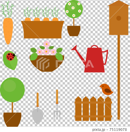 Gardening icon set with carrot, tree, flower and shovel 75119078