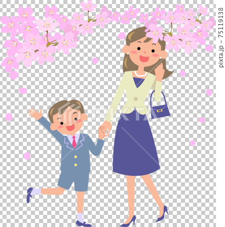 小学校の入学式に行く母親と男の子 小学校の入学式に行く母親と男の子 75119138