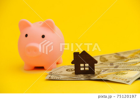 Buying house concept. Legal mortgage. Hose with money on the yellow table. 75120197