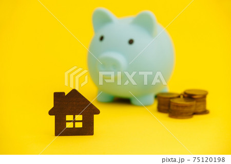 Mortgage concept. Piggy bank and coins near. House purchase. 75120198