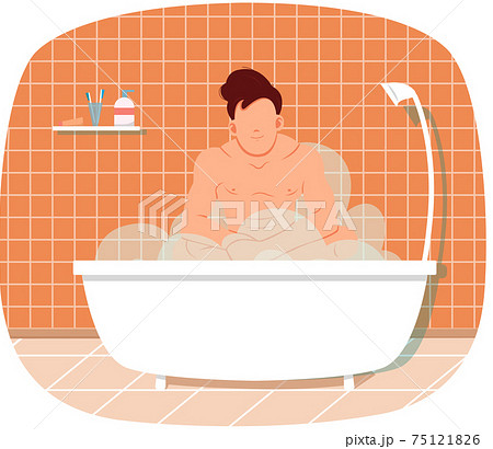 Naked man sitting in bathtub with hot water. Male character relaxing in home sauna with steam 75121826
