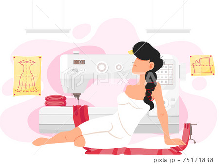 Woman resting in atelier. Sewing machine with piece of red fabric while making clothes to order Woman resting in atelier. Sewing machine with piece of red fabric while making clothes to order 75121838