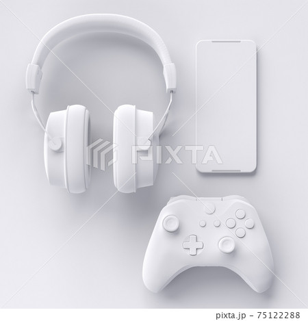 Top view of gamer workspace and gear like joystick, headset, mobile phone Top view of gamer workspace and gear like joystick, headset, mobile phone 75122288