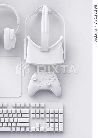 Top view of gamer workspace and gear like mouse, keyboard, joystick, headset, VR 75122298