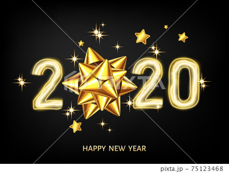 2020 happy New Year black background with golden gift bow. 2020 happy New Year black background with golden gift bow. 75123468