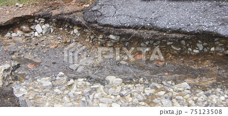 Background Water erosion of the road. Danger hole, stone gray backdrop. Broken asphalt. 75123508