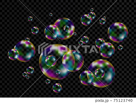Colorful soap bubbles with rainbow reflection.のイラスト素材 