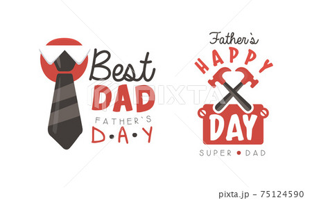 Best Dad Labels Set, Happy Fathers Day Black and Red Retro Emblems Cartoon Style Vector Illustration 75124590