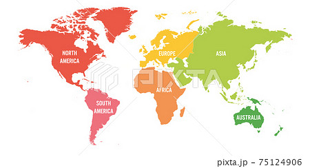 World map divided into six continents. Each continent in different color. Simple flat vector illustration 75124906