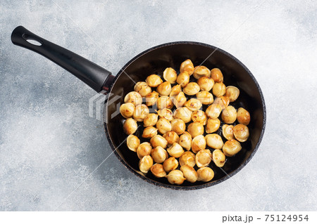 Delicious fried dumplings with meat in a pan. Copy space top view Delicious fried dumplings with meat in a pan. Copy space top view 75124954