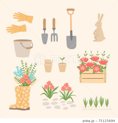 A set of garden tools and equipment. Garden supplies, shovel, bucket, flower bed, boots, gloves, flowers, hare figure. 75125694