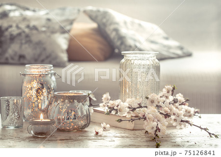 still life flowers with decorative objects in the living room still life flowers with decorative objects in the living room 75126841