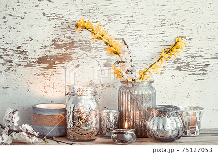 Home decor on wooden background with spring flowers Home decor on wooden background with spring flowers 75127053