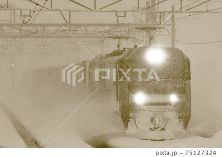 猛吹雪の上越線を走る貨物列車 75127324