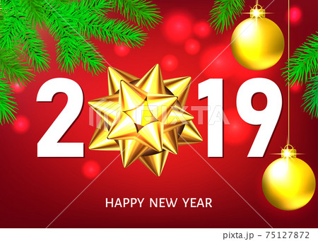 2019 New Year background with golden gift bow and balls. 2019 New Year background with golden gift bow and balls. 75127872