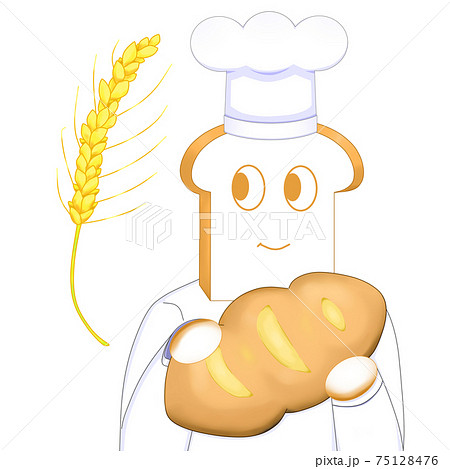 フランスパンを持っているコック帽をかぶった食パン 顔あり と小麦のイラスト素材