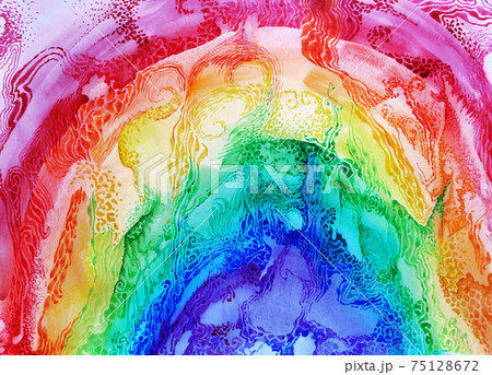 Watercolor rainbow sky background. Texture brush paint drawing. Artistic colorful vibrant fabric design. Kids textile happiness concept bright color illustration 75128672